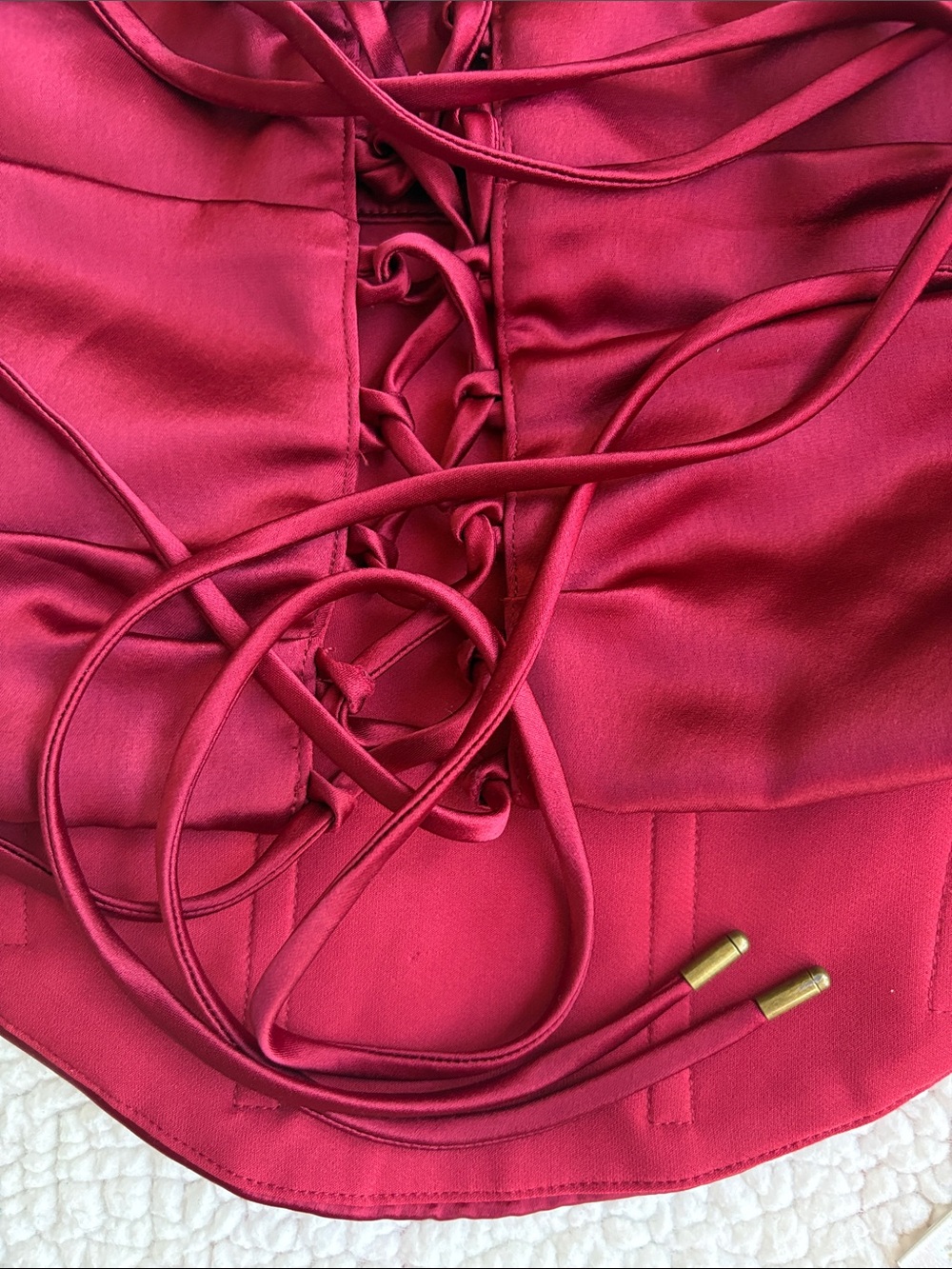 House of CB Una Corset Top Lace-up Dark Red Satin, Size L - Picture 5 of 9